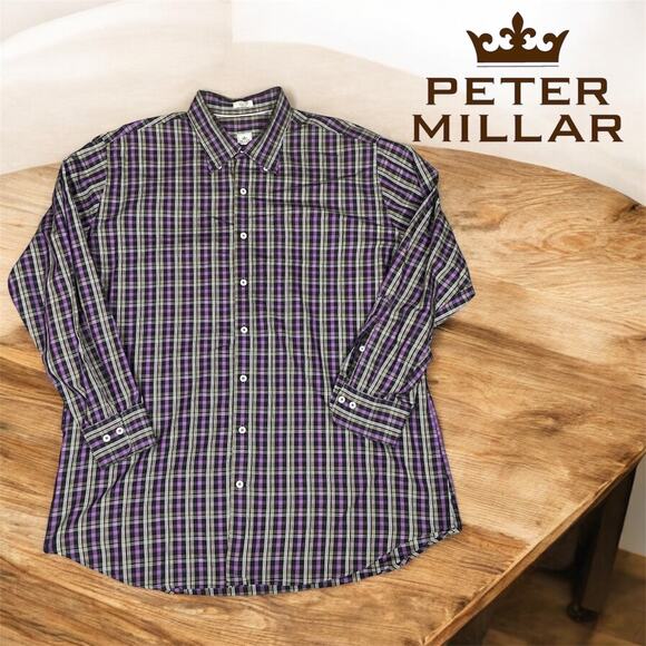 Peter Millar Shirt Mens L Casual Sport Purple Plaid Long Sleeve Button Collared - Picture 1 of 6